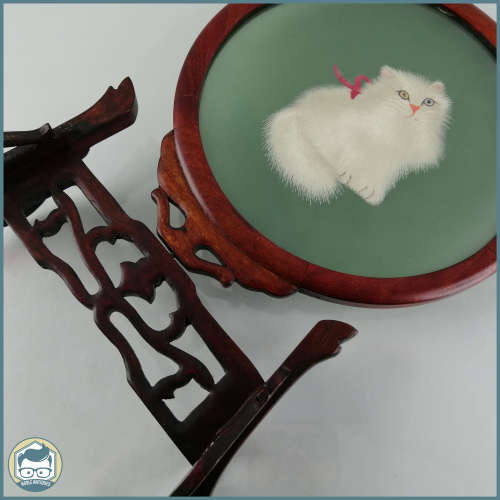 Vintage Rotating Wood and Double Sided Stitched Silk Cat Impression!!!