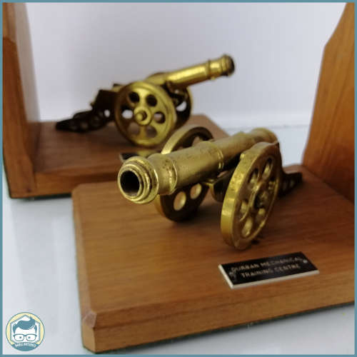 Two Large Brass Cannon Models on Wood Base Bookends!!