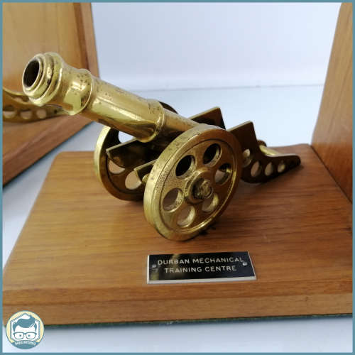Two Large Brass Cannon Models on Wood Base Bookends!!