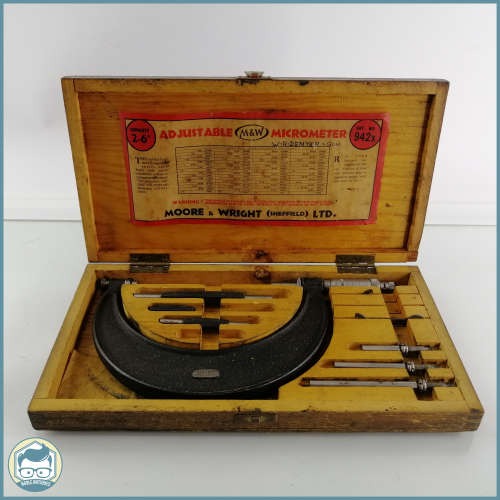 Large Vintage Wood Boxed Moore and Wright Adjustable Micrometer Set!!