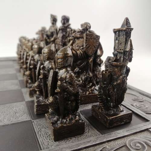 Large Highly Detailed Boxed Medieval Knights Bronze and Pewter Finished Chess Set!!! 430mm Wide!!!