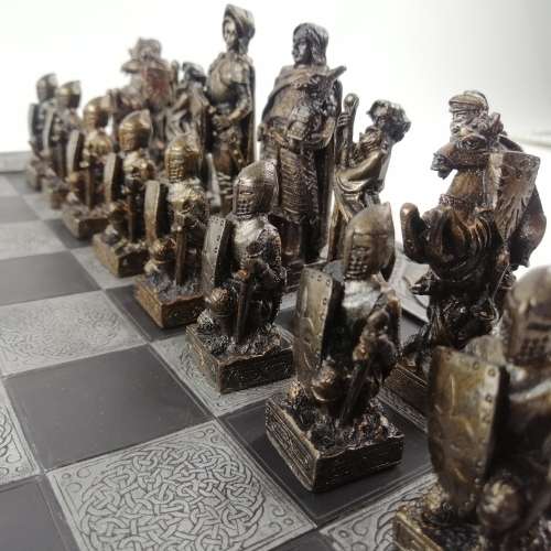 Large Highly Detailed Boxed Medieval Knights Bronze and Pewter Finished Chess Set!!! 430mm Wide!!!