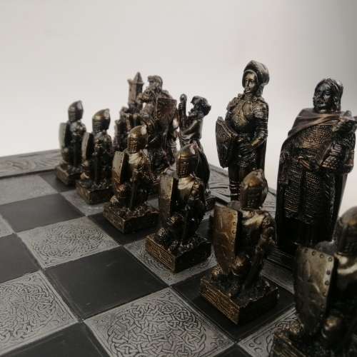 Large Highly Detailed Boxed Medieval Knights Bronze and Pewter Finished Chess Set!!! 430mm Wide!!!
