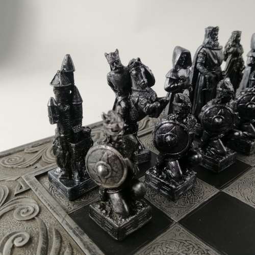 Large Highly Detailed Boxed Medieval Knights Bronze and Pewter Finished Chess Set!!! 430mm Wide!!!