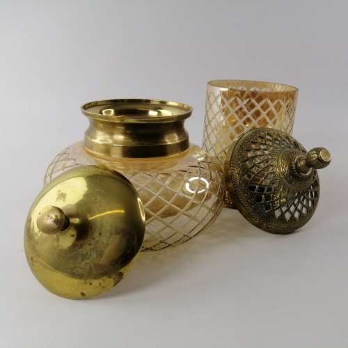 Spectacular!!! Two Cut Luster Glass with Brass Trimming and Lid Powder Bottles!!! Bid For Both!!!