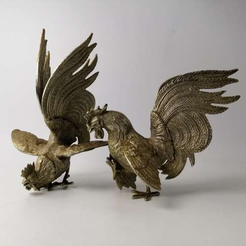 Two Large Silver Metal Fighting Cockrills!!! 27cm x 35cm