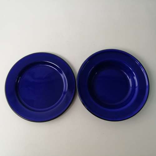 Large Original Cobalt Blue and Black Trim Enamelware Plate Sets, 12 Available, Bid Per Set!!!