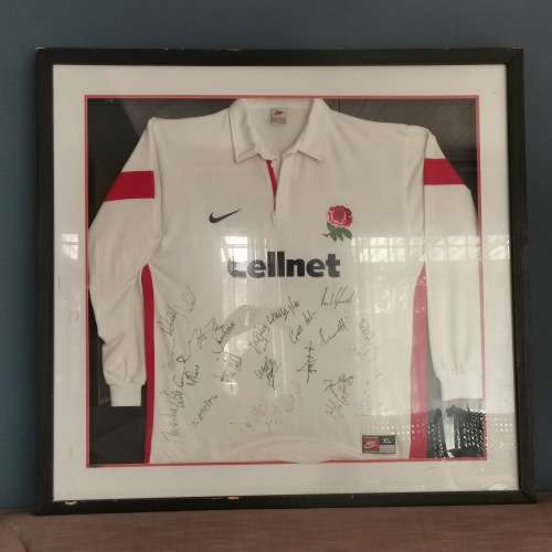 LARGE Deep Framed Signed 1999 Rugby World Cup English Rose Nike Jersey!!! 1,2m x 1,2m