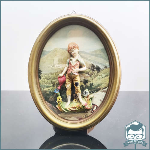 Oval Framed Italian Depose Three-dimensional Relief Boy watering Flowers Picture !!!
