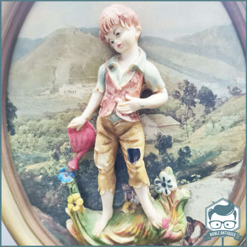 Oval Framed Italian Depose Three-dimensional Relief Boy watering Flowers Picture !!!