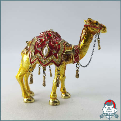 Camel Trinket Box, Clear Swarovski Crystal, Hand Painted Enamel Brown & Red Saddle Over Pewter!!