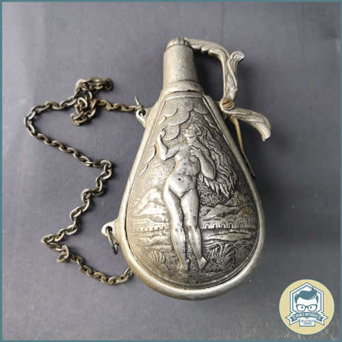 Cast Pewter French Black Gun Powder Flask Holder Nude Lady / God!!!