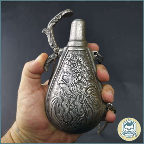 Cast Pewter French Black Gun Powder Flask Holder Nude Lady / God!!!