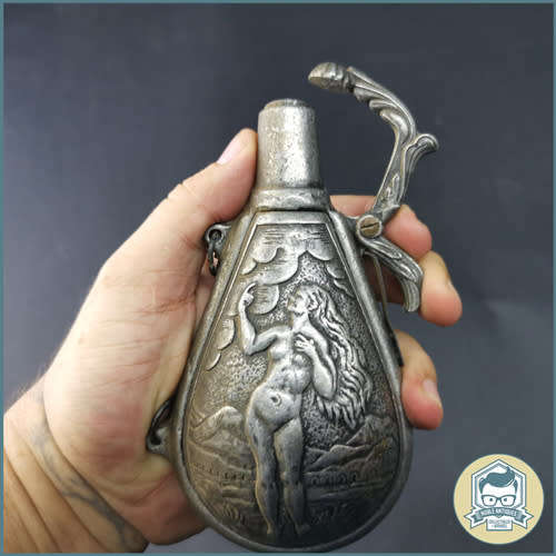 Cast Pewter French Black Gun Powder Flask Holder Nude Lady / God!!!
