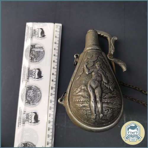 Cast Pewter French Black Gun Powder Flask Holder Nude Lady / God!!!