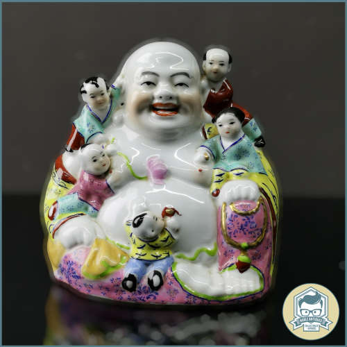 Oriental Glazed Porcelain Buddha Figure with Five Children - 200mm Tall!!!