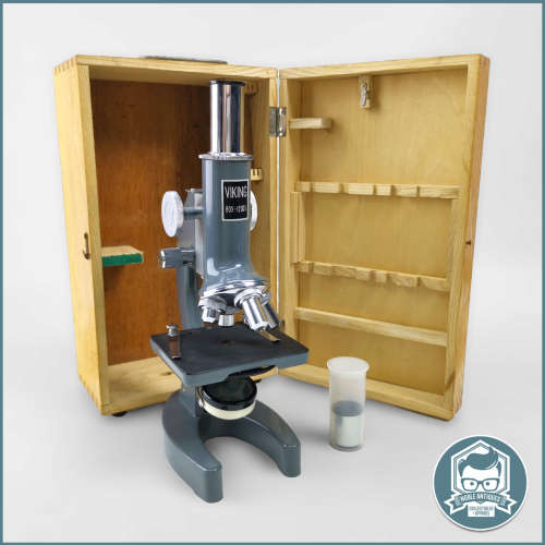 Original Wood Boxed Cast Metal Viking 80x1200 Microscope!!!