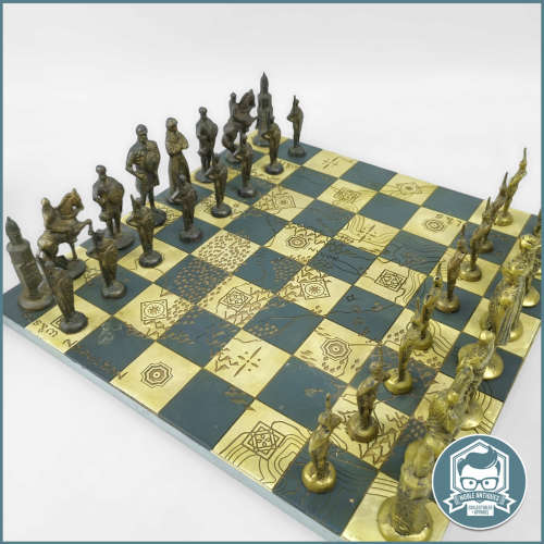 Vintage Cast Metal Medieval Chess Set, Including Board!!!