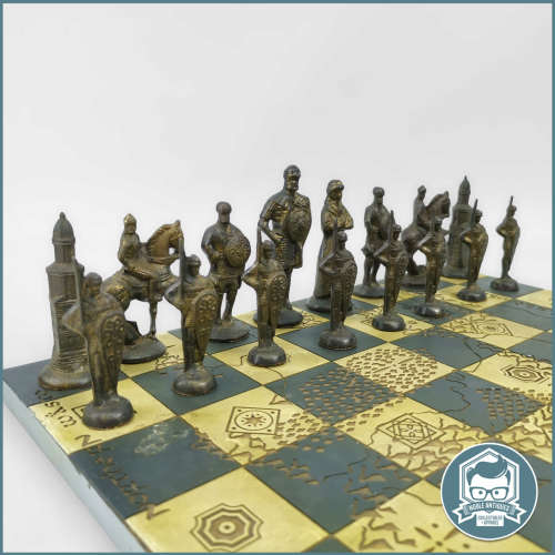 Vintage Cast Metal Medieval Chess Set, Including Board!!!