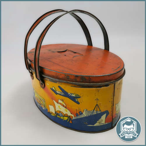 Vintage 1940`s Ohio Art Red Transportation Oval Lithographed Tin Lunch Box!!!