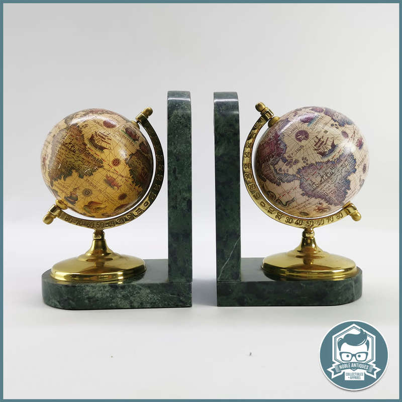 Globe Bookends with Ancient Maps Brass Stand and Marble Base!!!