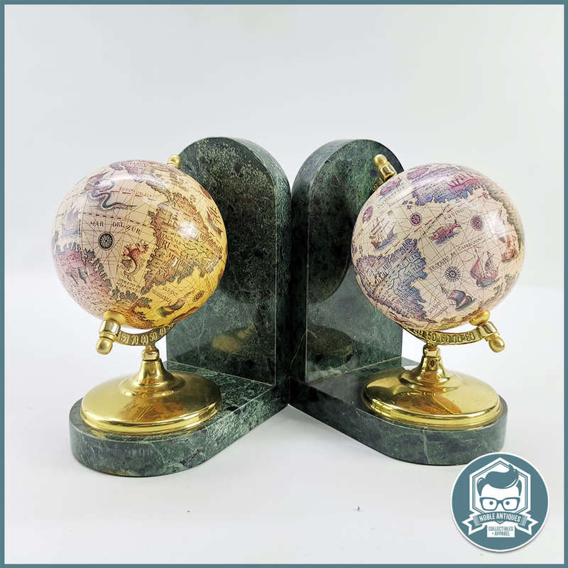 Globe Bookends with Ancient Maps Brass Stand and Marble Base!!!