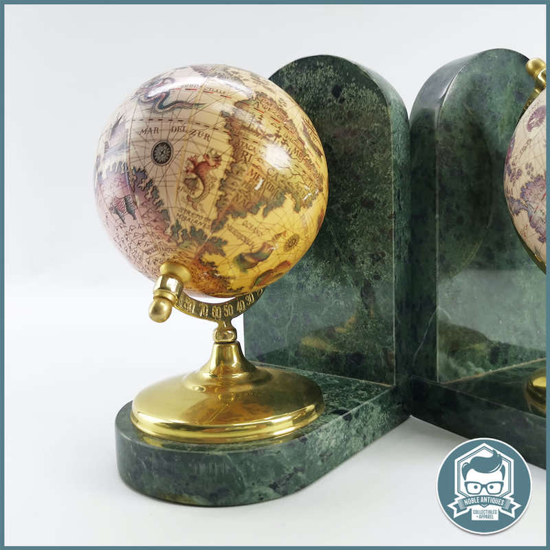 Globe Bookends with Ancient Maps Brass Stand and Marble Base!!!