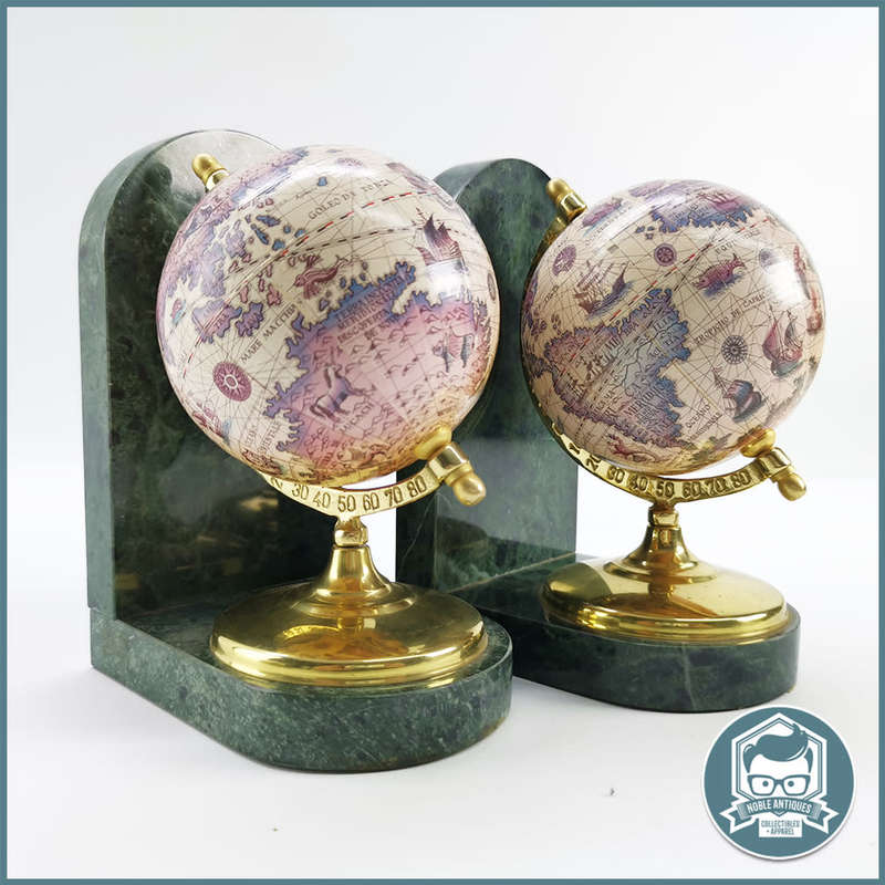 Globe Bookends with Ancient Maps Brass Stand and Marble Base!!!