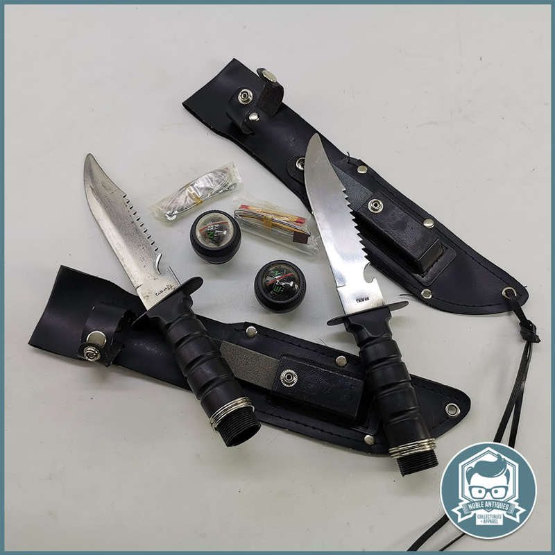 Two Vintage Rambo Style Survival Knife Kit w/sheath Black/ Chrome!!!  Bid for Both!!!