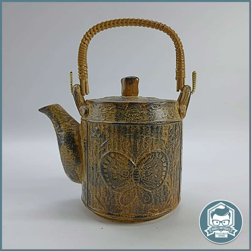 Vintage Glazed Ceramic Japanese Teapot with Butterfly and Wrapped Reed and Wire Handle!!!
