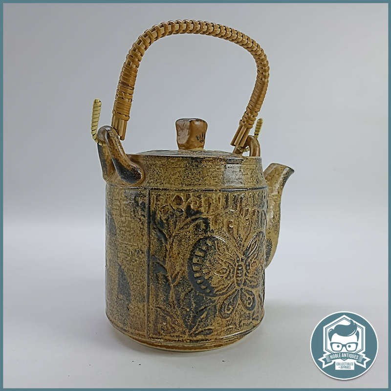 Vintage Glazed Ceramic Japanese Teapot with Butterfly and Wrapped Reed and Wire Handle!!!