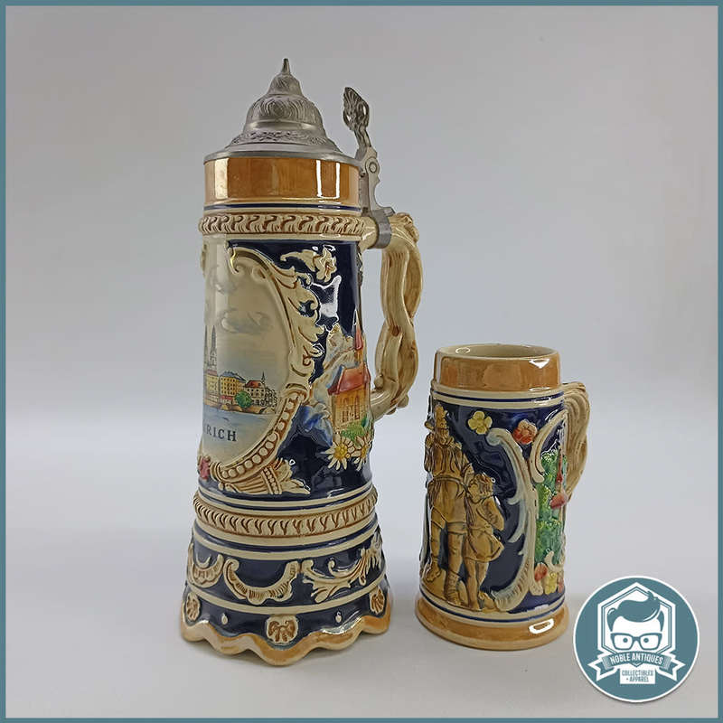 Vintage German Glazed Porcelain Musical Beer Stein And Tankard!!!