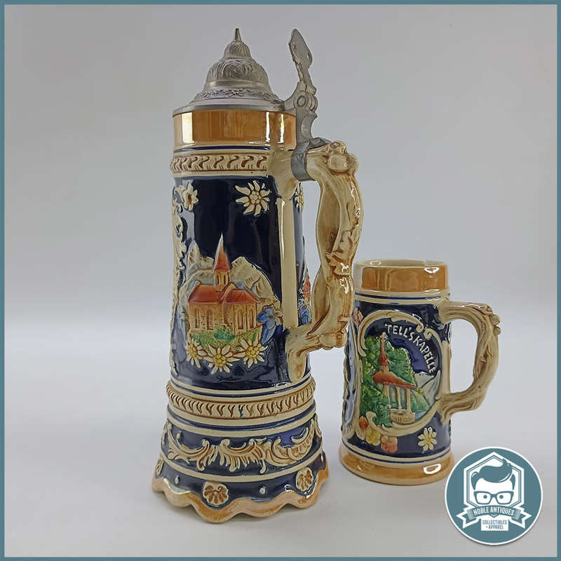 Vintage German Glazed Porcelain Musical Beer Stein And Tankard!!!