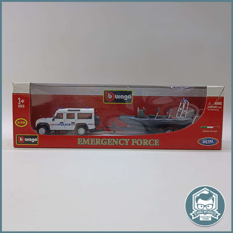 Bburago Land Rover Defender with trailer and Zodiac Police Boat Scale 1:50 (Boxed)!!!