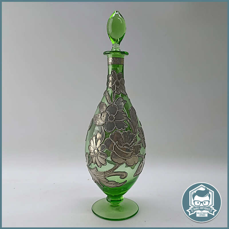 Amazing Bohemian Green Glass Silver Metal Overlay Decanter!!!