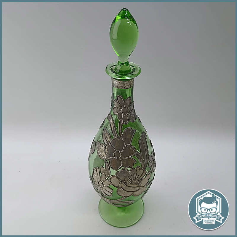 Amazing Bohemian Green Glass Silver Metal Overlay Decanter!!!