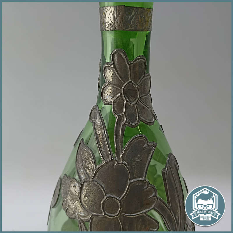Amazing Bohemian Green Glass Silver Metal Overlay Decanter!!!