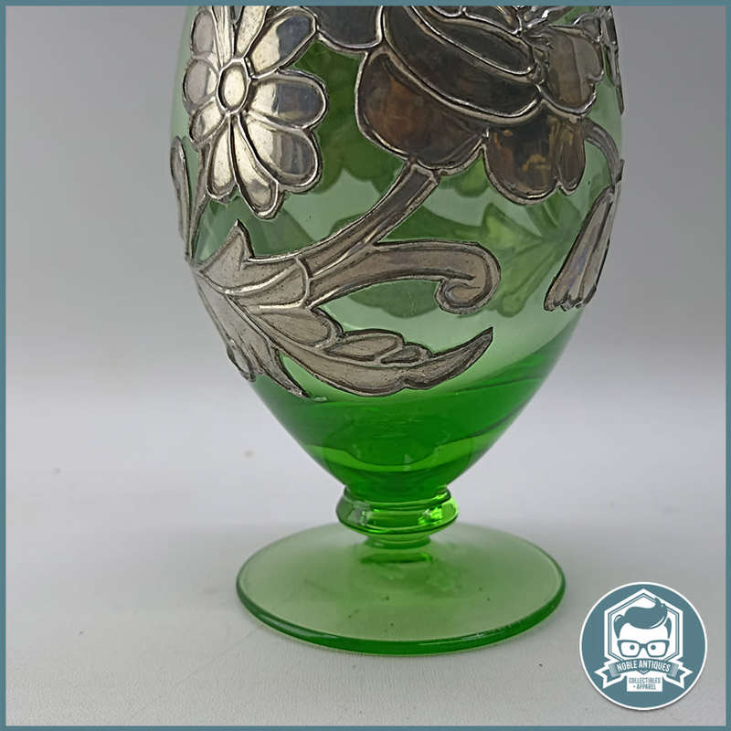 Amazing Bohemian Green Glass Silver Metal Overlay Decanter!!!