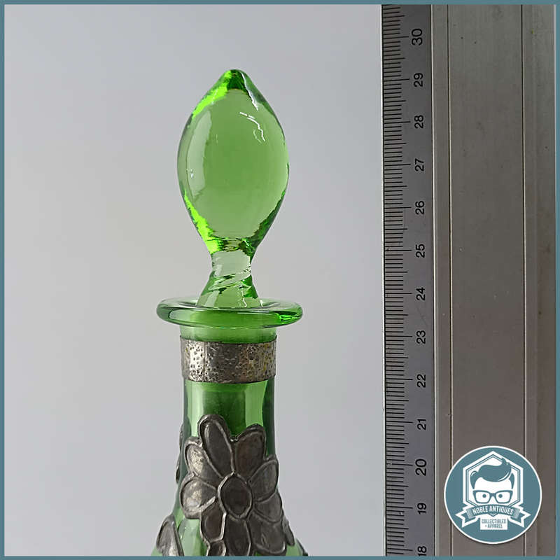 Amazing Bohemian Green Glass Silver Metal Overlay Decanter!!!
