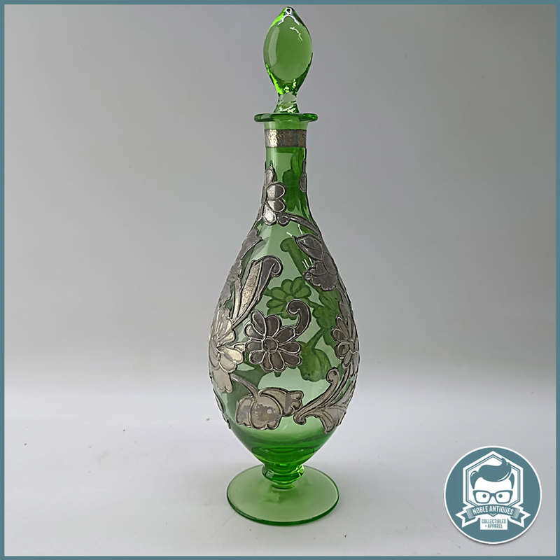 Amazing Bohemian Green Glass Silver Metal Overlay Decanter!!!