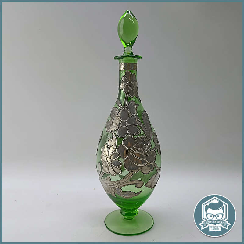 Amazing Bohemian Green Glass Silver Metal Overlay Decanter!!!