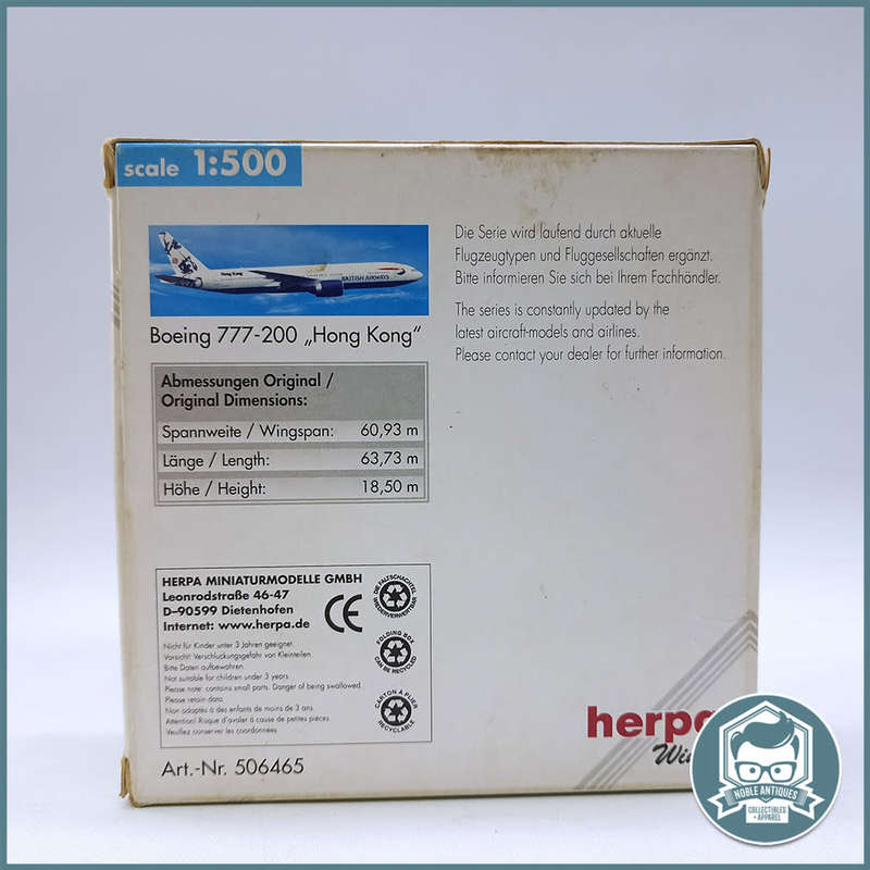 Herpa BRITISH AIRWAYS Boeing 777-200 Hong Kong" Diecast Metal - Original Box and Blister!!!