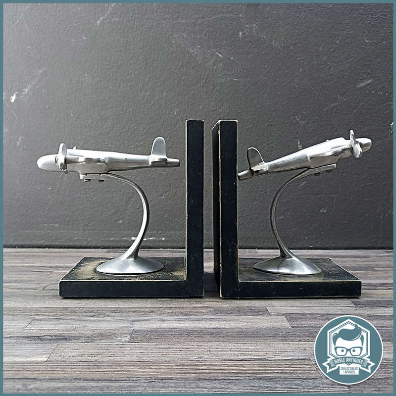 Vintage Gordons Twin Prop Airplane Cast Metal and Wood Book Ends!!!