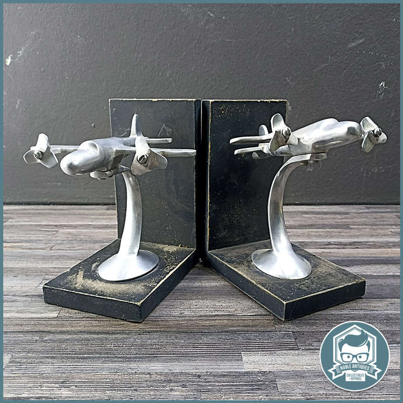Vintage Gordons Twin Prop Airplane Cast Metal and Wood Book Ends!!!