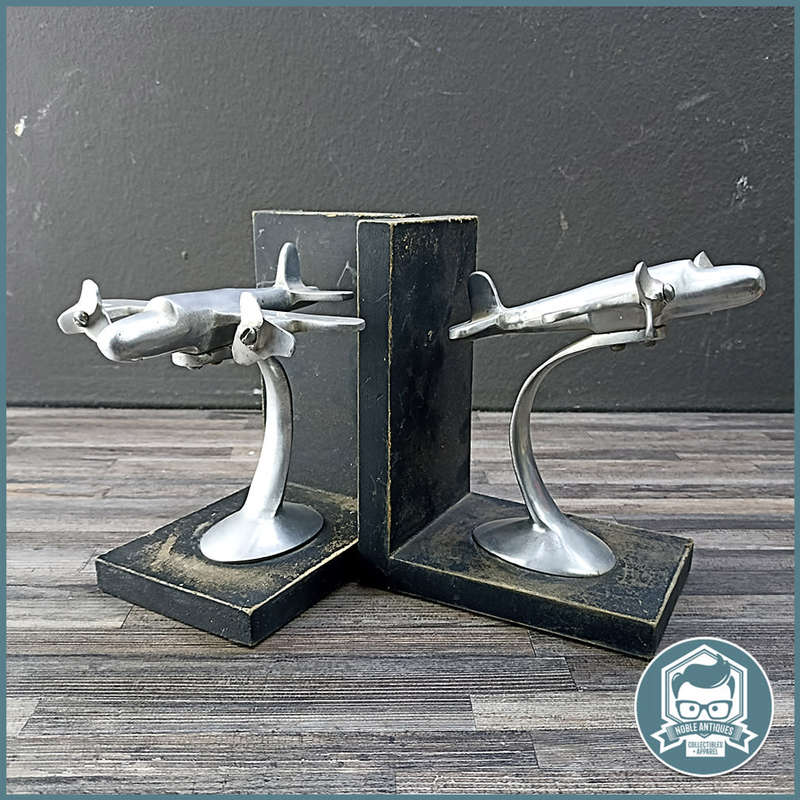 Vintage Gordons Twin Prop Airplane Cast Metal and Wood Book Ends!!!