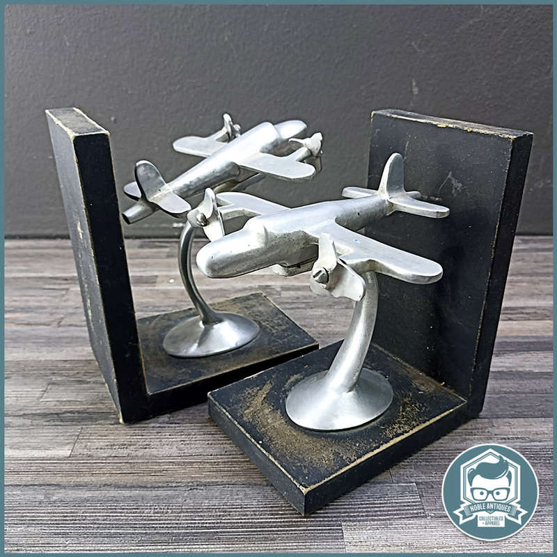 Vintage Gordons Twin Prop Airplane Cast Metal and Wood Book Ends!!!