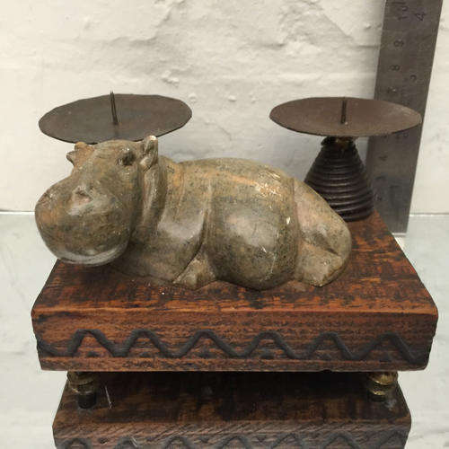 Handcrafted Wood and Stone Hippo Candlestick Stands