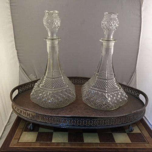 Silverplate on Copper Serving Dish with two ornate decanters