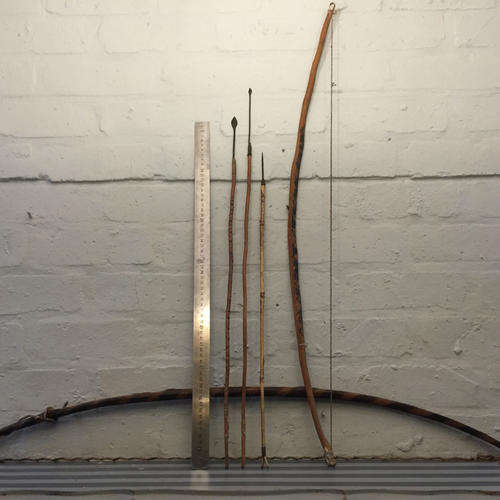 Two Antique Bushman's Bow and Arrows (String Animal Skin)