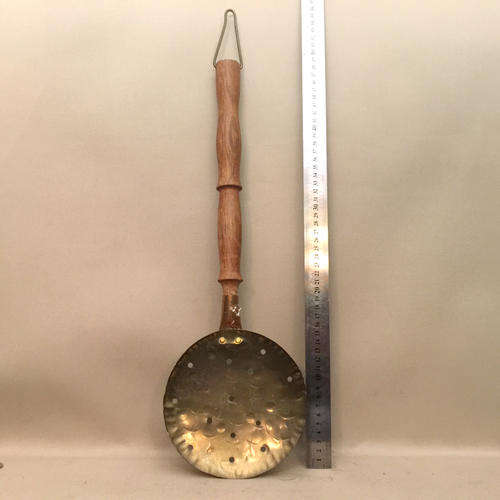 LARGE BRASS SCOOP PAN WITH WOOD HANDLE